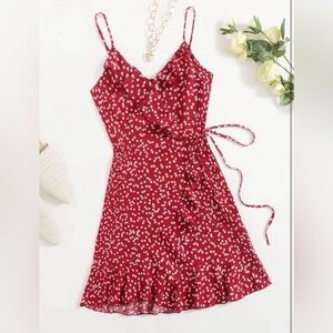 SHEIN Dress Red with White Hearts Wrap Style  Size L